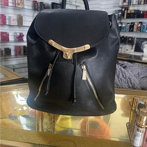 Black Leather Backpack with Gold Accents